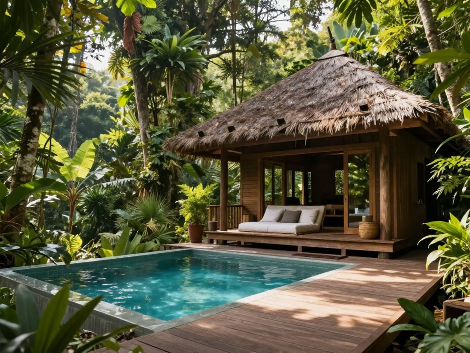 Jungle pavilion retreat surrounded by tropical forest