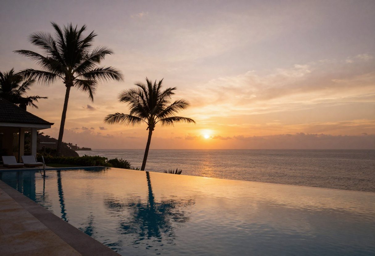 Sunset over a tropical retreat venue in Sri Lanka